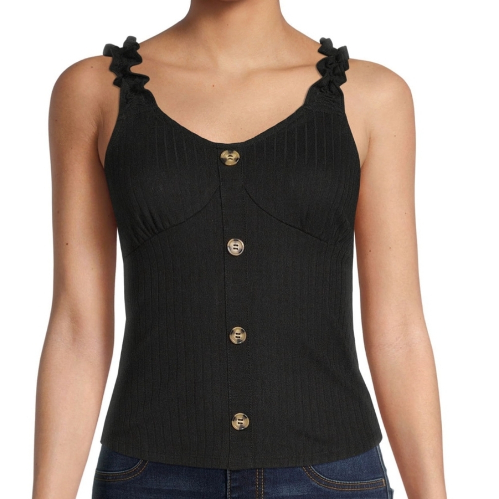 New black rib knit button tank